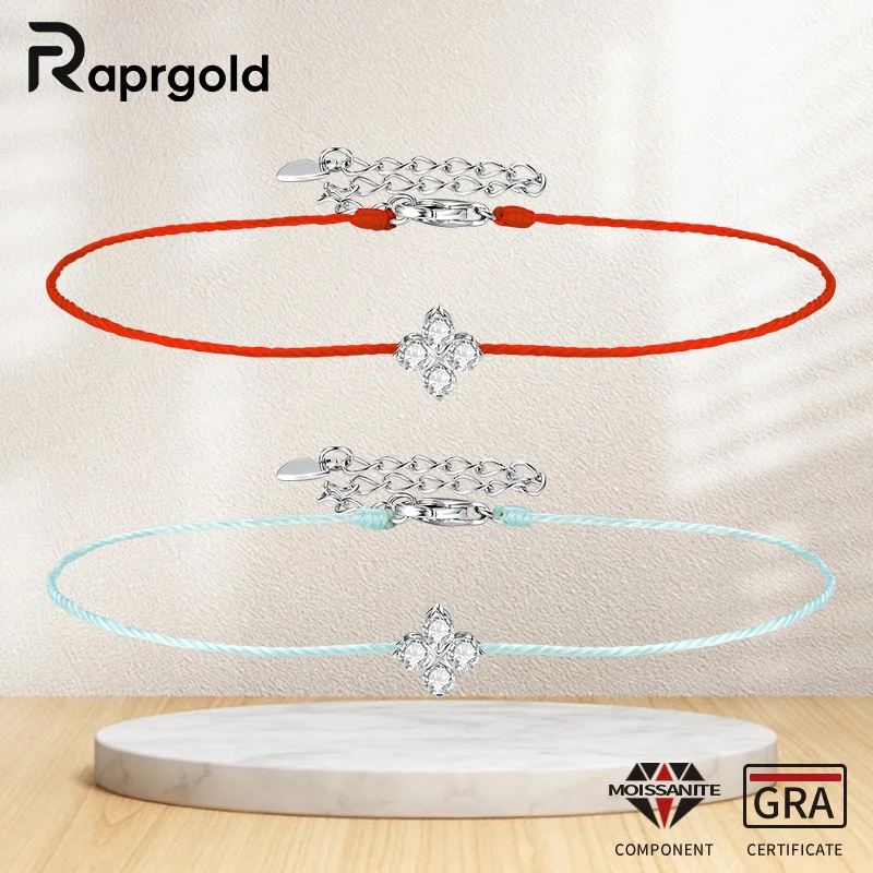 

RAPRGOLD Moissanite Blue Red String Four-Leaf Clover Twine Bracelet Rope for Women S925 Sterling Silver Wedding Jewelry Gifts
