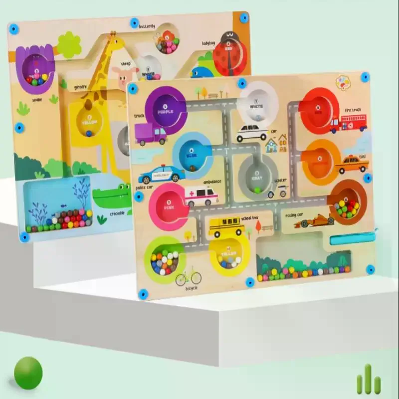 Juegos de clasificación de colores magnéticos de madera para niños, tablero de laberinto de tráfico del zoológico, bolígrafo, juegos de cuentas móviles, juguetes educativos para niños