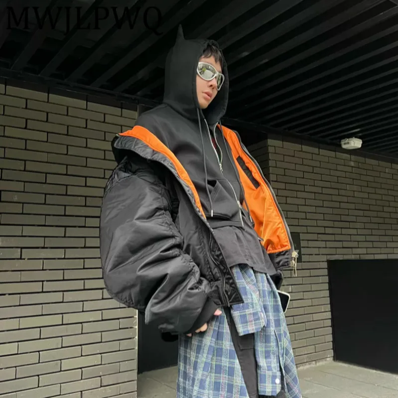 

MWJLPWQ American Niched Destroyed Hooded Warm Cotton Baseball Coat Men's High Street Long Sleeve Casual Loose Tops Winter 21887