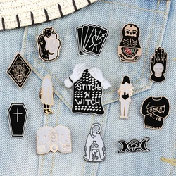 Goth Style Fashion Hands with Rose Flower Sword Enamel Pin Brooches for Women Moon Star Poker Coffin Brooch Clothes Badge Pins
