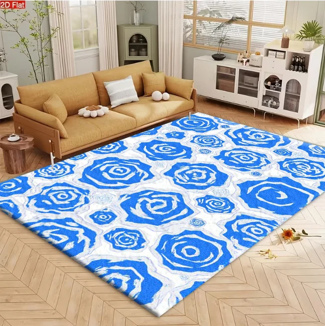 Carpet Flooring Vintage Blue Rose Floral Pattern Home Decorative Area Rug for Living Room Bedroom Interior Decor Mat