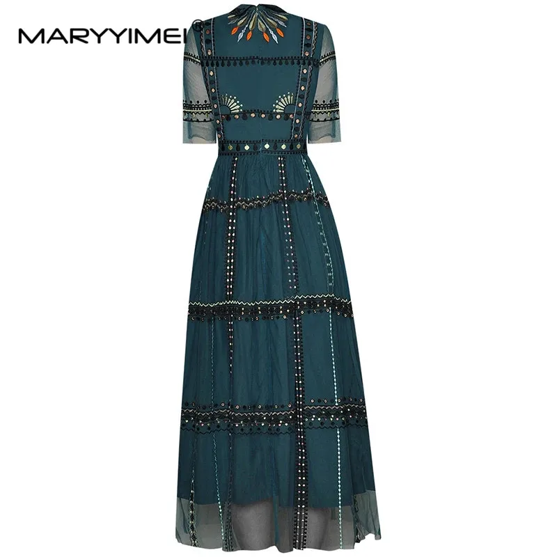 MARYYIMEI Fashion Designer Women's Turn-down Collar High waist Stripe Embroidery Vintage Mesh Dress Summer Elegant Party dress