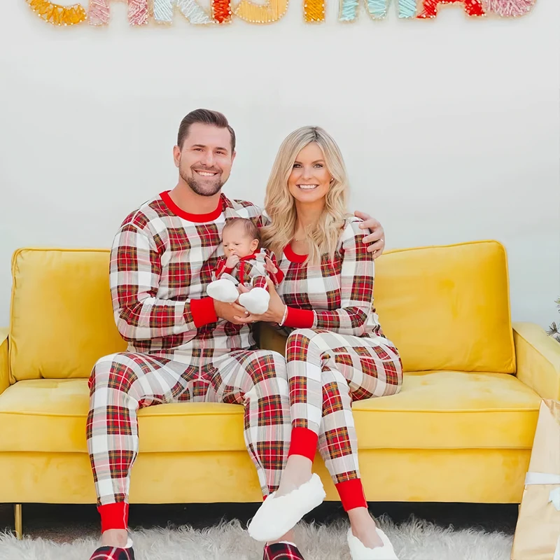 Fashion Plaid Print Christmas Family Matching Pajamas Set Parents Sibling Couple Casual Home Women Men Boy Girl Baby Loungewear