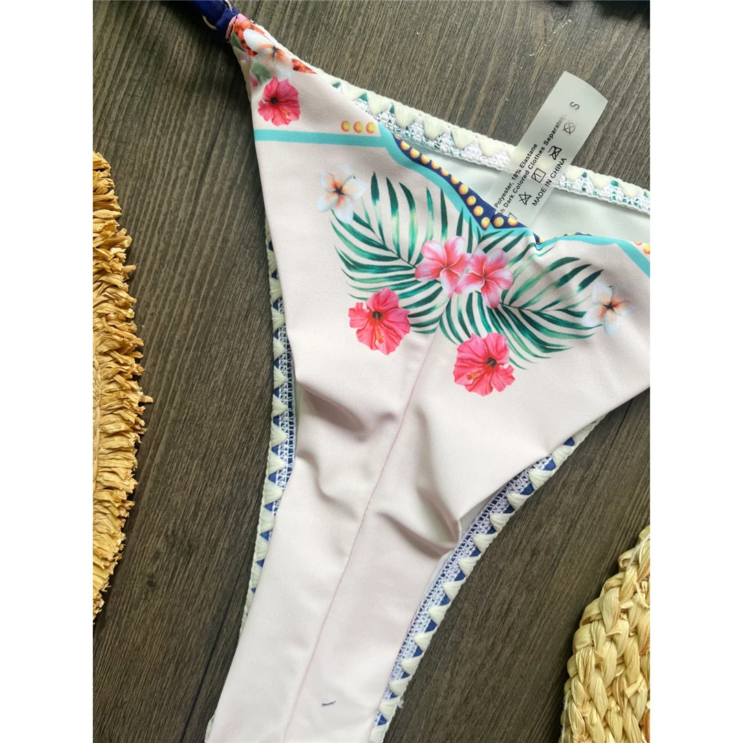 Blumenmuster, Neckholder-Bikini, Damen-Badeanzug, zweiteiliges Bikini-Set, gepolsterter Badeanzug, Badebekleidung, Modell V8283. – Detail 10