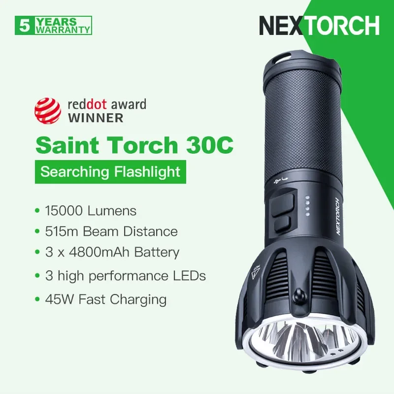 

Nextorch Saint Torch 30C High Power Flashlight / SearchLight, 3 LED Sources, 15000 Lumens, 3 4800mAh Fast Rechargeable Battery