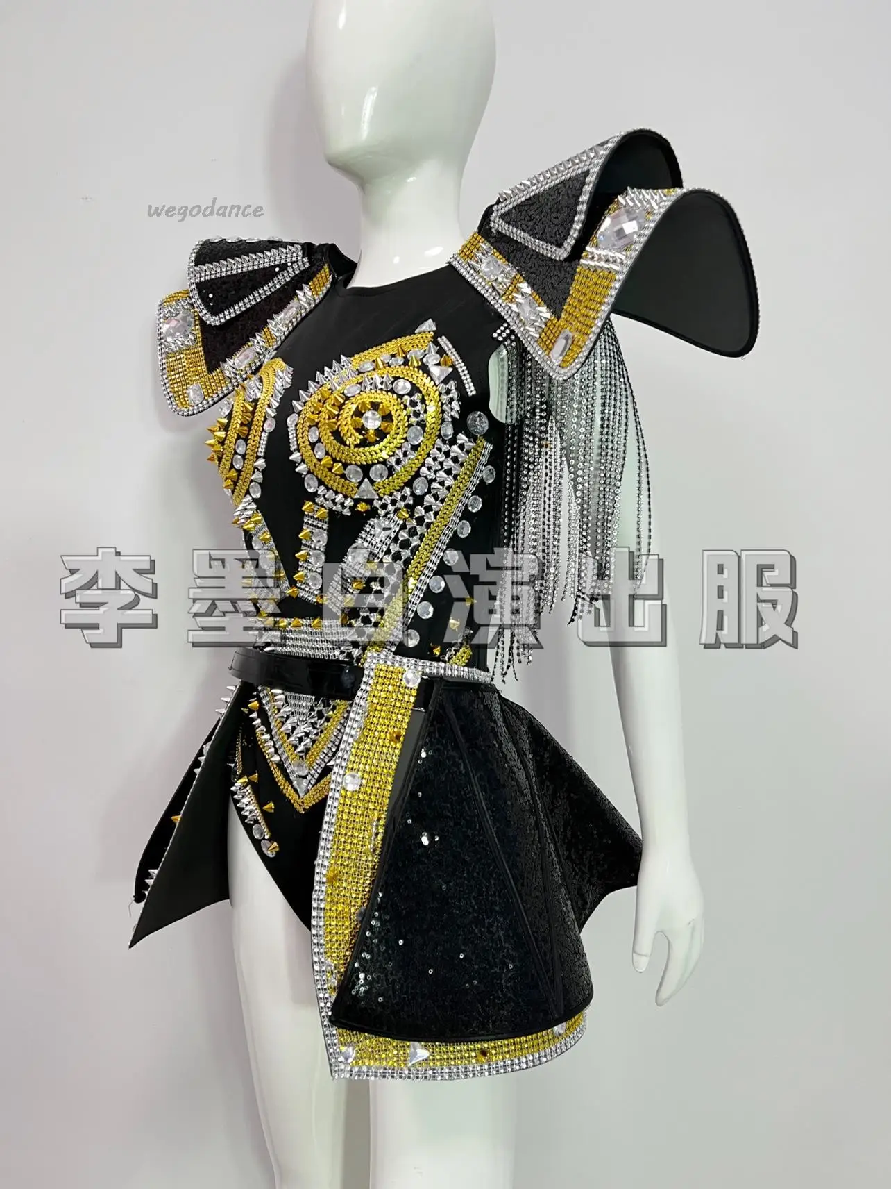 Customized Gold Leaf Chain Heavy Metal Rivet Sequins Full Diamond Jazz Bodysuit Singer Nightclub Performance Dress