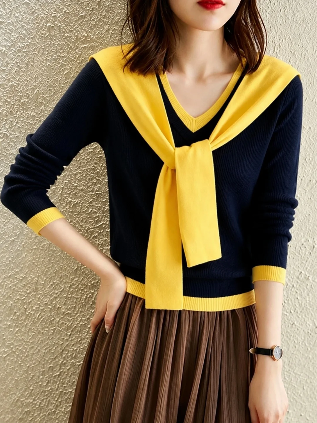 Korean Style Color Block V-Neck Knitted Sweater Women's Fashion Shoulder Shawl 2026 Autumn New Design Soft Combed Cashmere