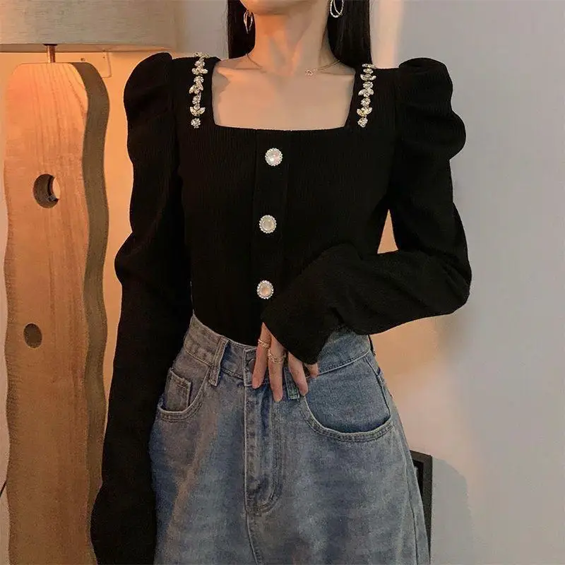 French Women's Square Neck Long Sleeved Shirt Autumn New Style Temperament Girl Bubble Sleeves Waist Cinched Tops Comfortabl