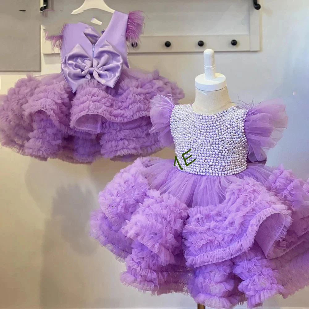 Purple Feather Flower Girl Dress For Wedding Tulle Puffy With Pearls Bow Beaded Layered First Communion Dress Ball Gown