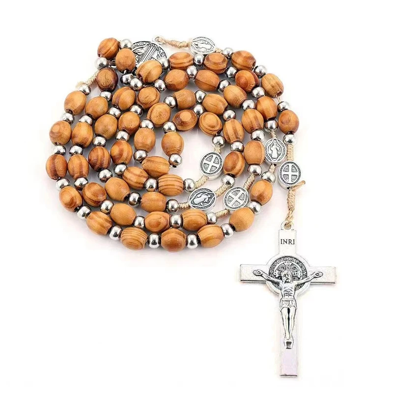 QIGO Antique Wooden Beads Weave Rosary Necklace For Women Men Metal Cross Jesus Pendant Religious Jewelry