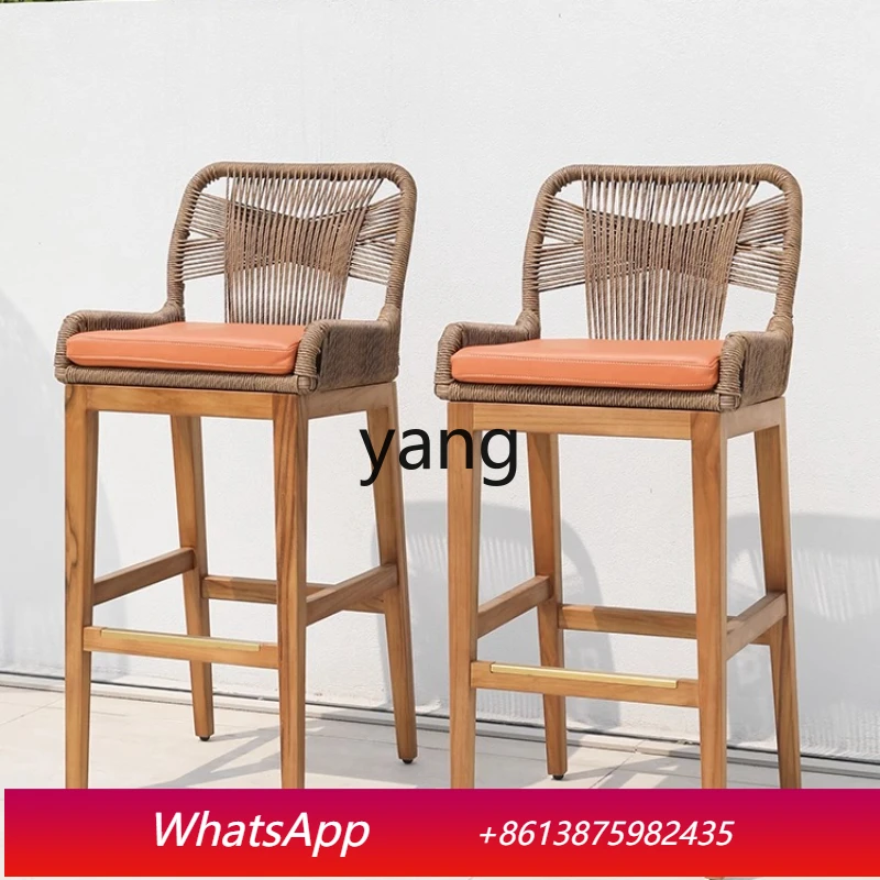 

LTT Solid Wood Bar Rattan Island Dining Chair Household Log Homestay Outdoor Teak High Chair