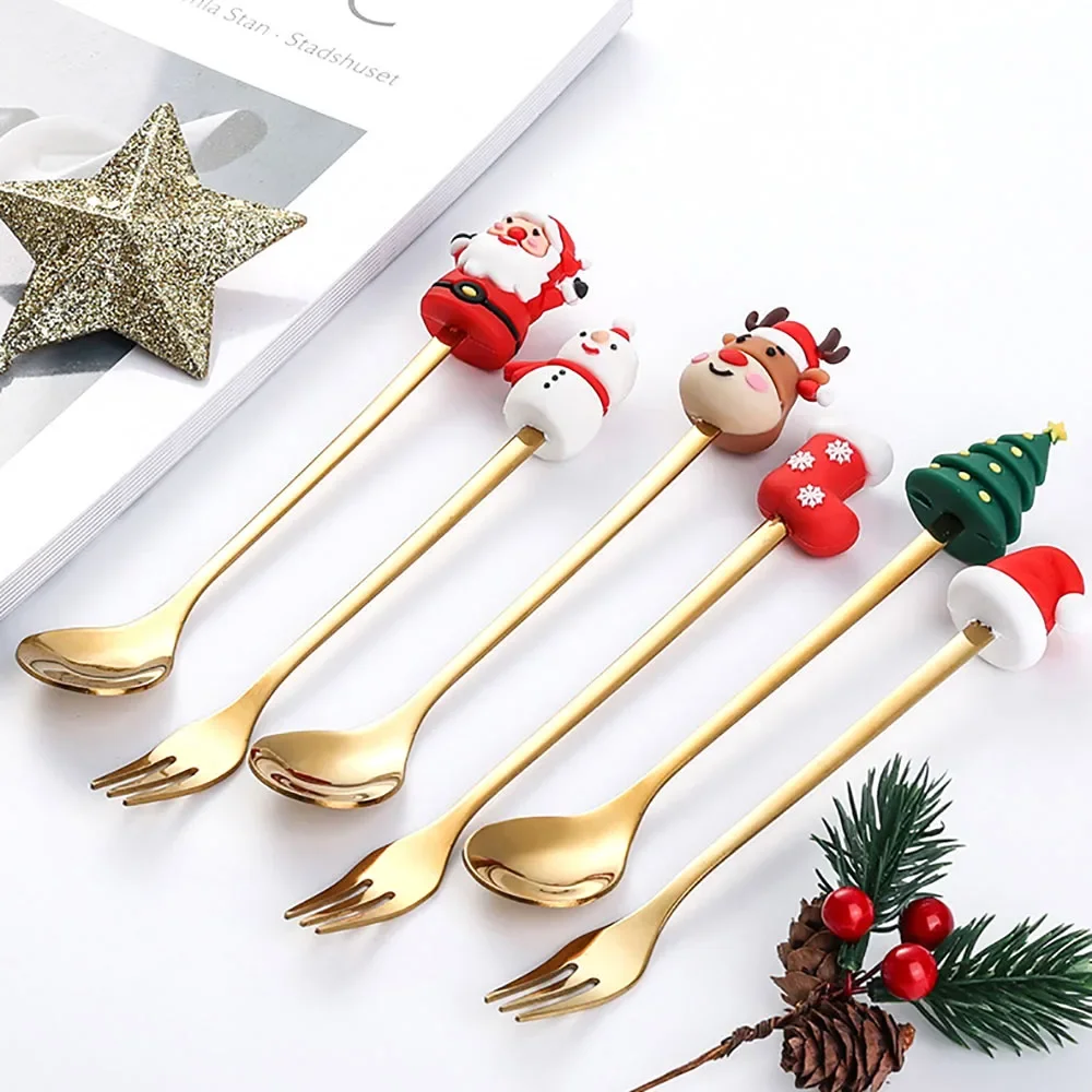 4/6Pcs Stainless Steel Cutlery Set Food-Grade Christmas Style In Gift Box, Dessert Cake Fruit Coffee Spoon Christmas Gift