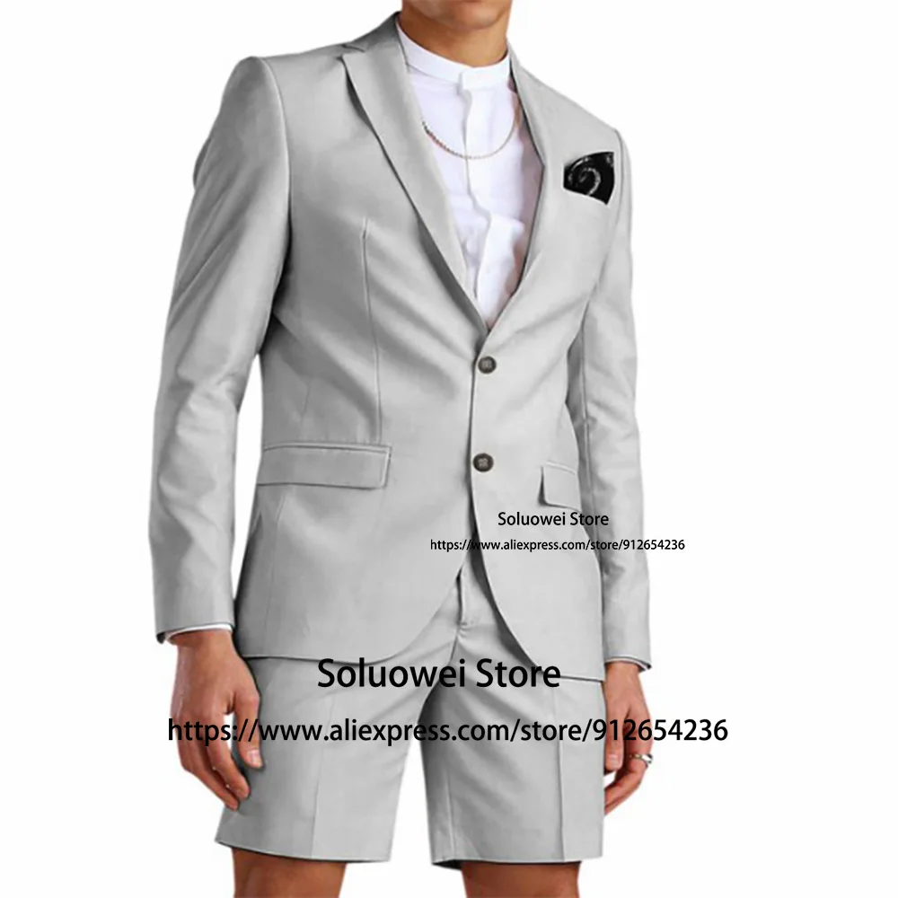 

Summer Light Grey Suit For Men Fashion Slim Fit 2 Piece Jacket Shorts Pants Set Formal Groom Wedding Tuxedo Male Business Blazer
