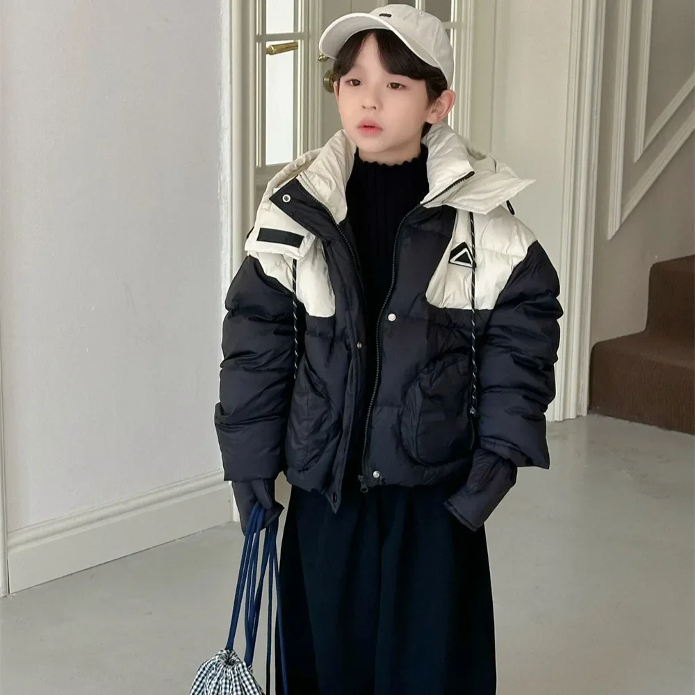 Children's Clothing Boys' Hooded Down Jacket 2024 New Korean Color Blocked Hooded Casual Thick Down Jacket