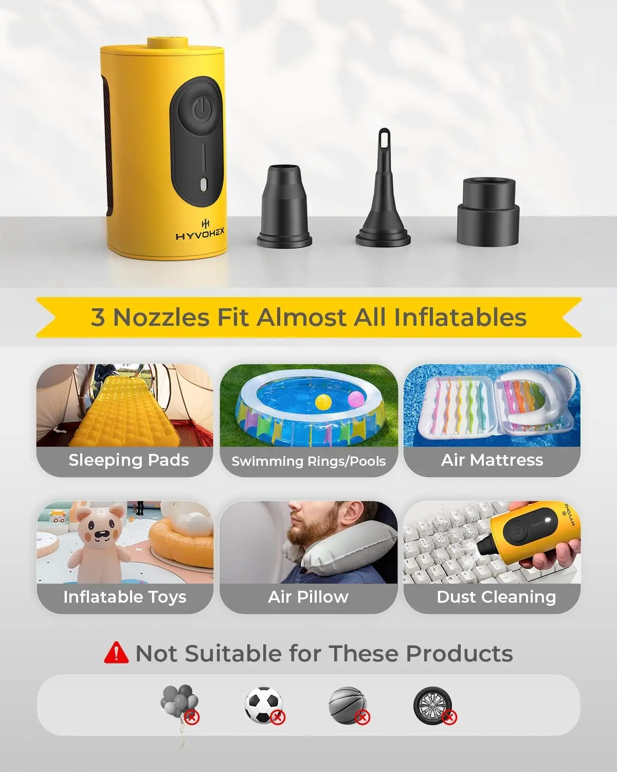 مضخة هواء كهربائية محمولة بقدرة 4000 مللي أمبير في الساعة للمطاطية، 3 فوهات مضخة نفخ/تفريغ سريعة لوسادات النوم، عوامات حمام السباحة، التخزين #5