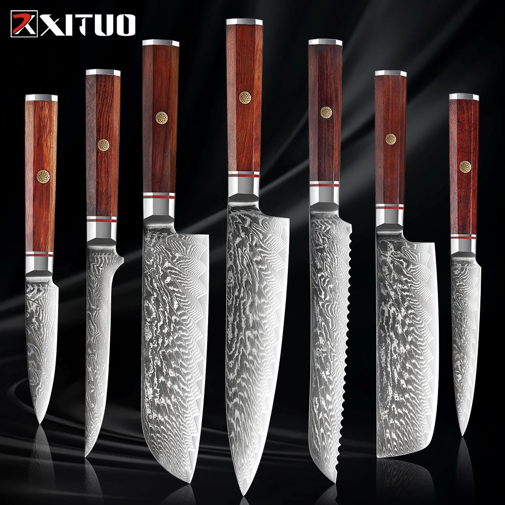 

Ultra sharp Damascus Kitchen Knife Vg10 Japanese Steel Chef Santoku Knife Bread Utility Paring Knife Octagonal wooden handle