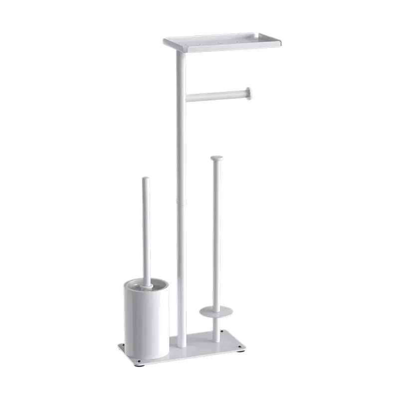 Floor Standing All In One Bathroom Tissue Station, Toilet Brush Holder with Top Shelf, No Drill Paper Organizer