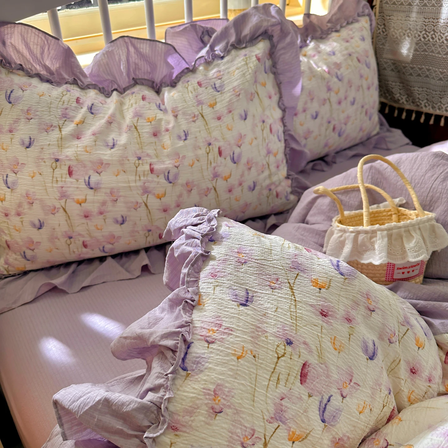 Floral print Korean Style Princess Ruffle Bedding Set Duvet Cover Set Washed Cotton Flat Sheet set Queen For Girl Decor Home