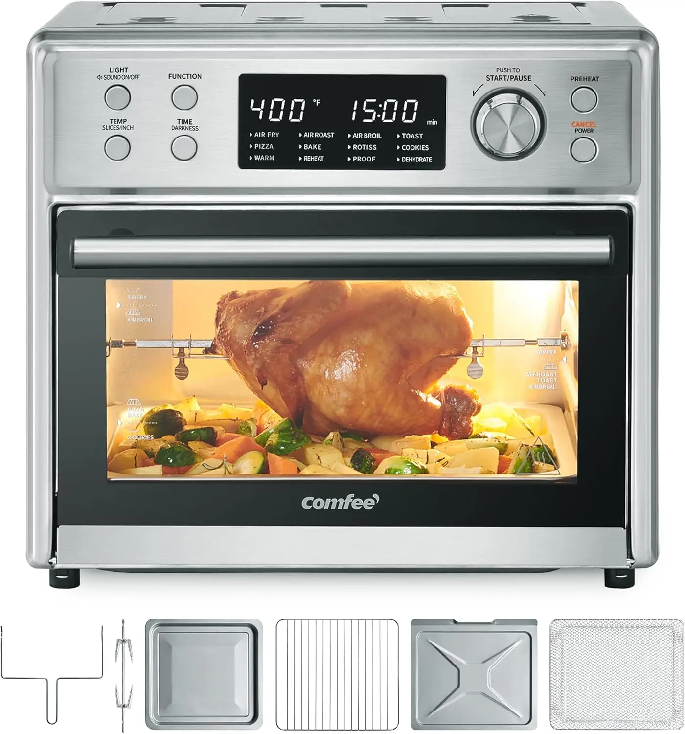 

12-in-1 Air Fryer Oven with Rotisserie, 6 Slice Toast 12' Pizza, Double Layer, Countertop Convection