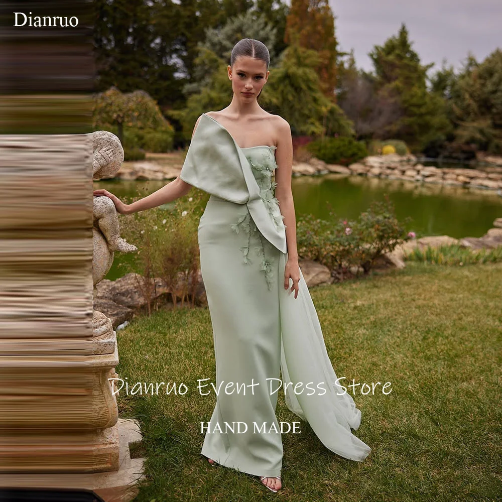 Dianruo verde hasta el suelo vestidos de noche satén sirena apliques vestidos de graduación sin tirantes elegante Abiti Da Cerimonia personalizado