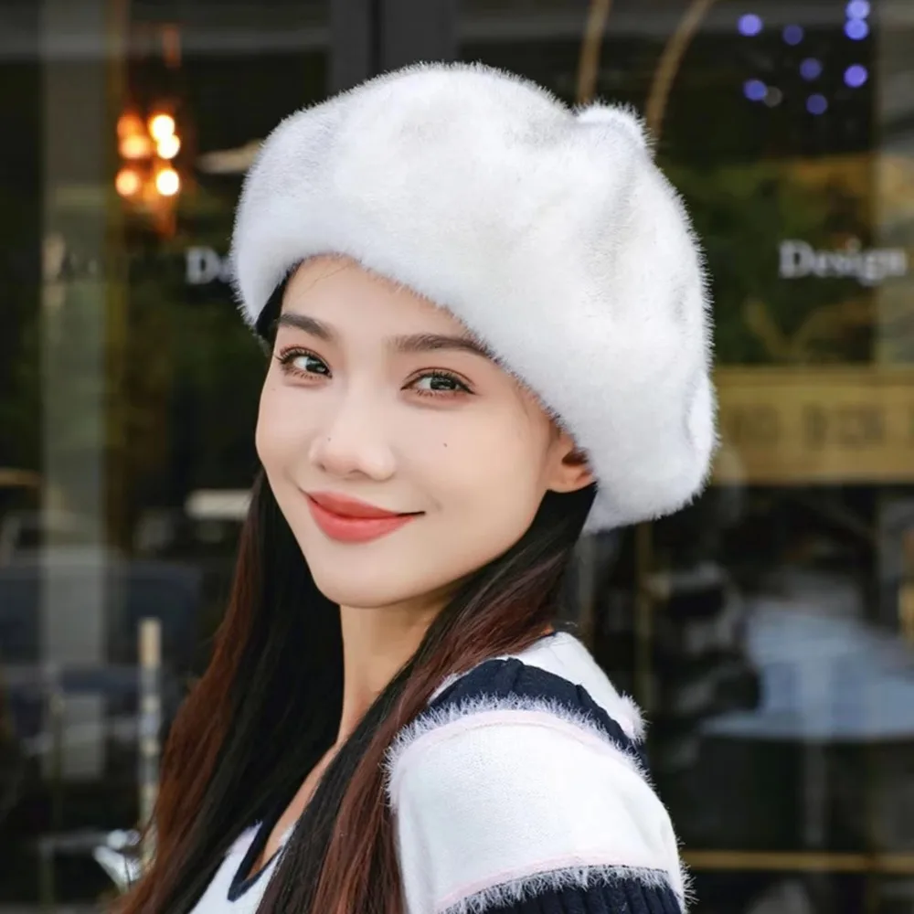 Sweet Leopard Print Faux Rabbit Fur Beret Flush Furry Thicken Painter Beret Hat Keep Warm Solid Color Winter Cap Women Girl