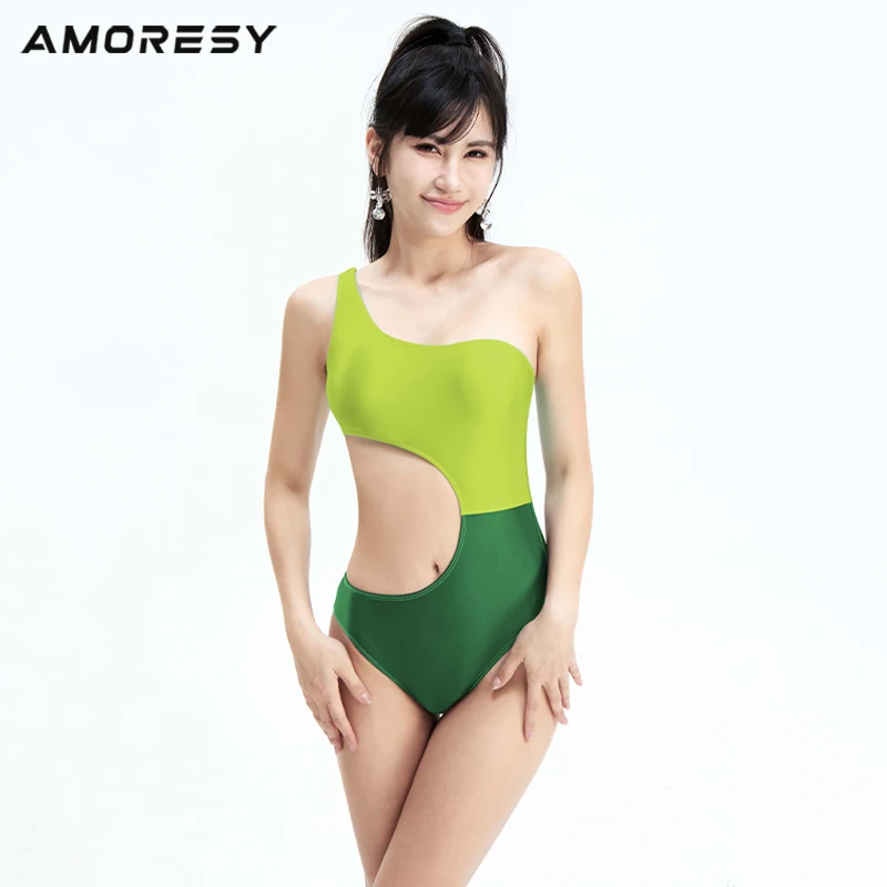 AMORESY Sterope series new asymmetrical one-shoulder waist hollowed spandex one-piece swimsuit slimming resort swimsuit