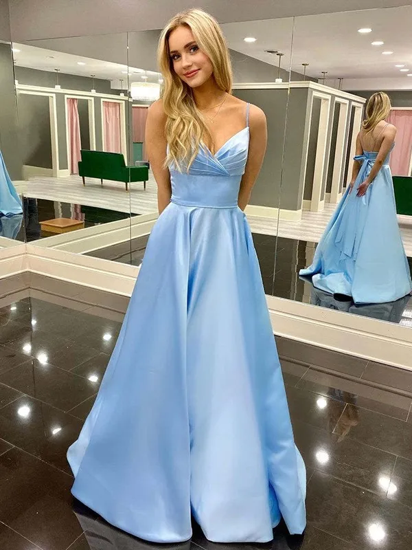 Vestidos de graduación largos de satén para mujer, vestido de noche Formal con tirantes de Línea A y espalda descubierta, vestido de dama de honor de fiesta con lazo, color azul cielo