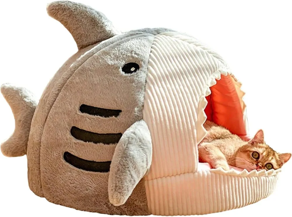 

QWINEE Cat Mat Shark-Shaped Kennel Kitten Bed Hideout House Warm Soft Comfortable Semi-Closed Cat Dog Nest Grey Large