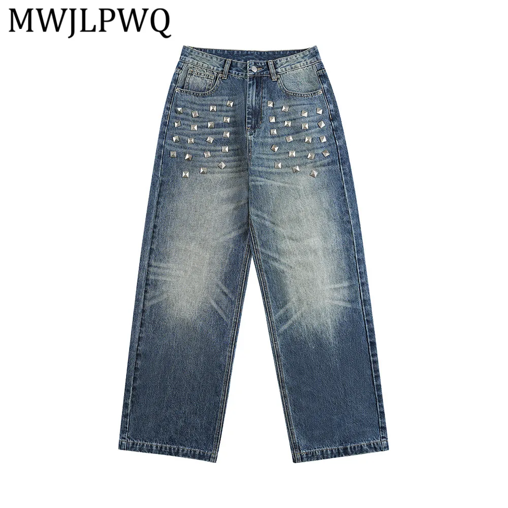 

Мужские джинсы MWJLPWQ в стиле ретро с заклепками, прямые, с эффектом потертости, модный дизайн, свободные, широкие, повседневные брюки, новинка 14463