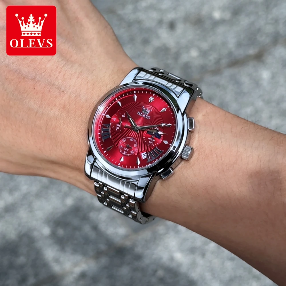 OLEVS Top-Marke Herrenuhren, wasserdicht, feiner Stahl, Original-Quarz-Armbanduhr für Herren, leuchtender Mondphasen-Chronograph, Datum 2892