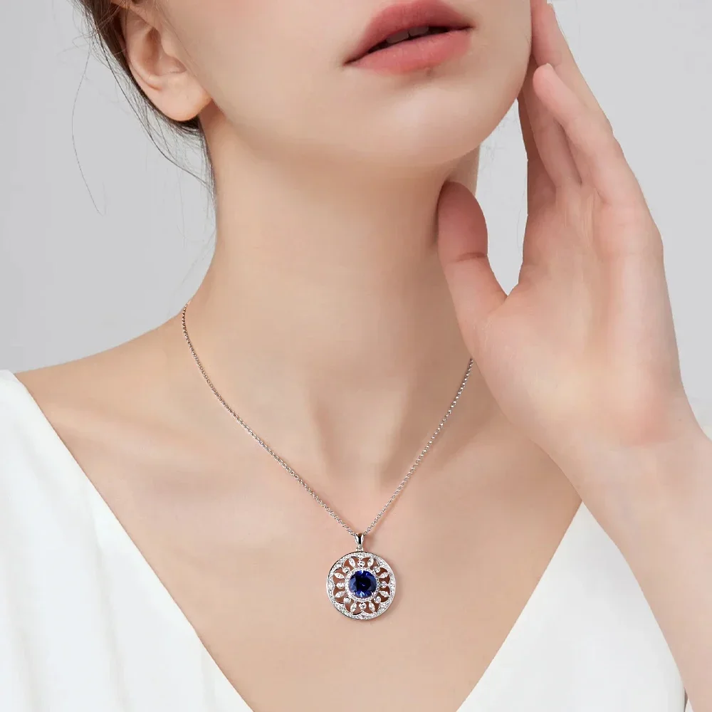 100% Real 925 Sterling Silver Sapphire Pendant Necklace For Girls Round Cut 4Ct Gemstones Plated 18K Gold Chain Gra Certified