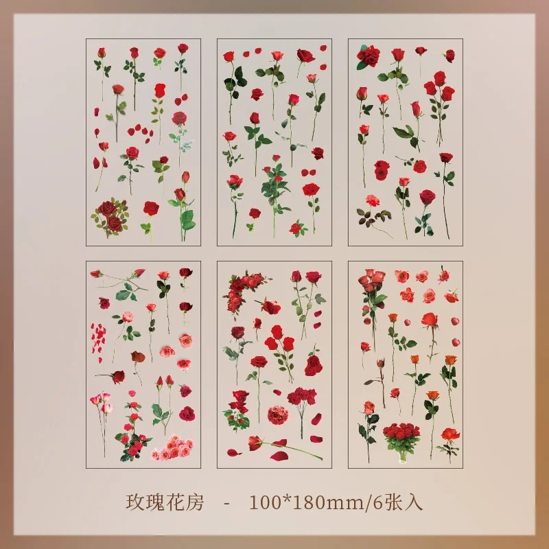 6 stuks bloemdecoratieve stickers, esthetische, waterdichte PET-stickers, voor dagboeken, notitieboeken, waterflessen en albums, decoratieve materialen.