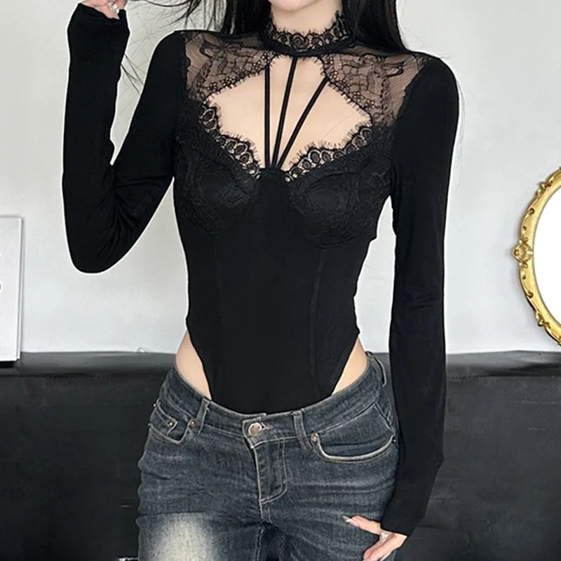 

Sexy Hollow Out Lace Bodysuits Slim Patchwork O-Neck Long Sleeve Rompers Women 2024 Autumn Spring Fashion Streetwear