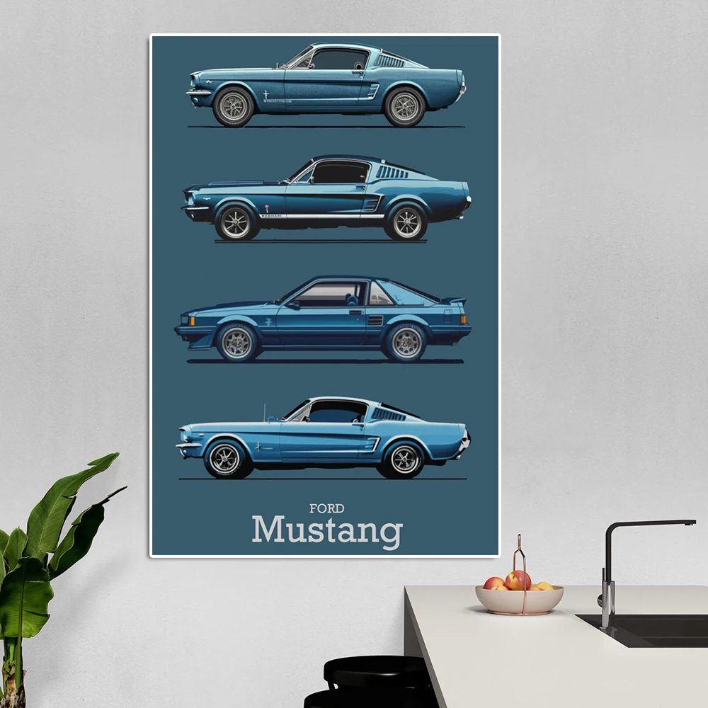 Classic Mustang Sports Car Evolution Poster Vintage Muscle Racing Canvas Painting Supercar Comic Wall Art Print Room Decor Gift