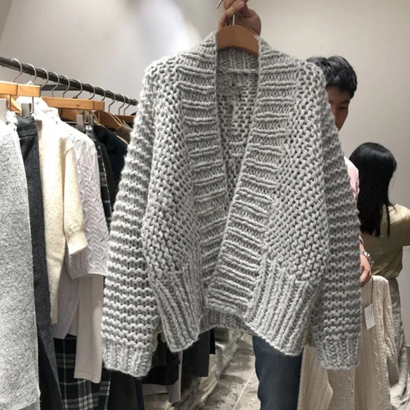 السيدات كسول نمط مفتوح سترة طويلة الأكمام الخامس الرقبة فضفاضة تناسب سترة سميكة الغزل الخريف الشتاء وصول جديد عصري