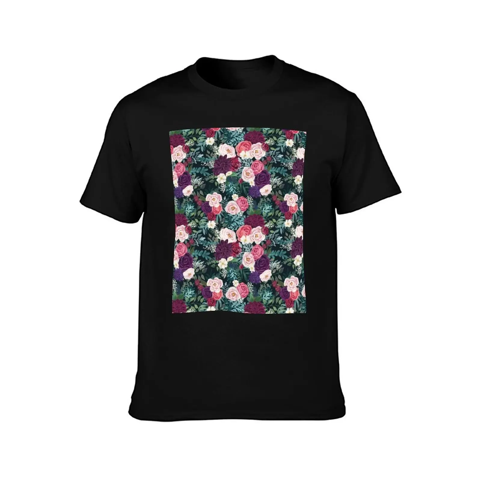 Endless Love - Seamless Floral Pattern on Navy T-Shirt Work Basic Short Sleeve Top T-Shirt