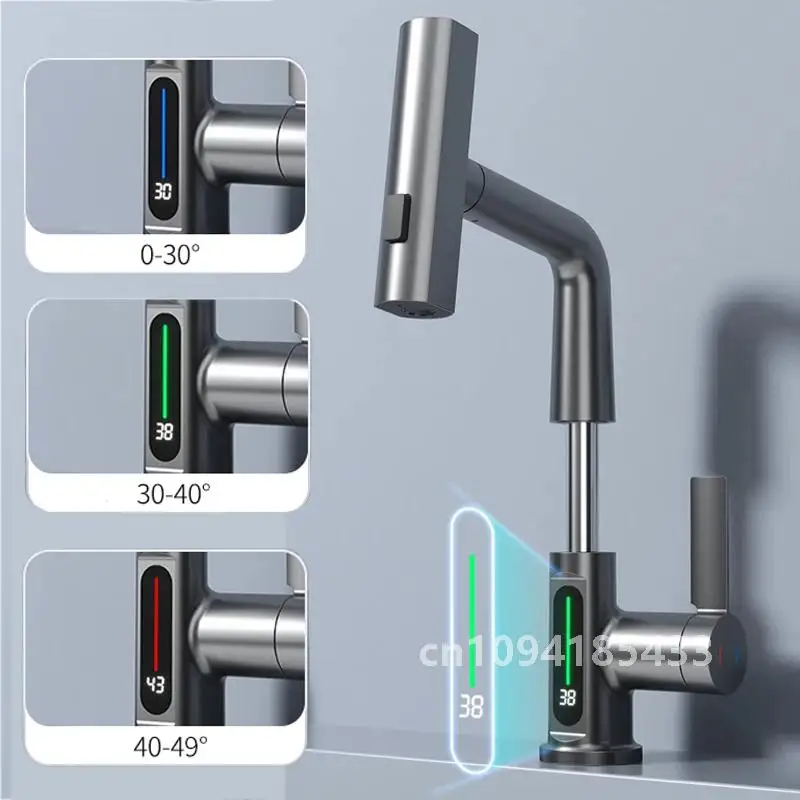 Waterfall Temperature Digital Display Basin Faucet Lift Up Down Stream Sprayer Hot Cold Water Sink Mixer Wash Tap For Bathroom