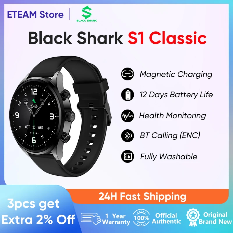 

Black Shark S1 Classic Smartwatch 1.43’’ AMOLED 12 Days Battery Life Game Health Monitoring NFC Magnetic Charging Fully Washable