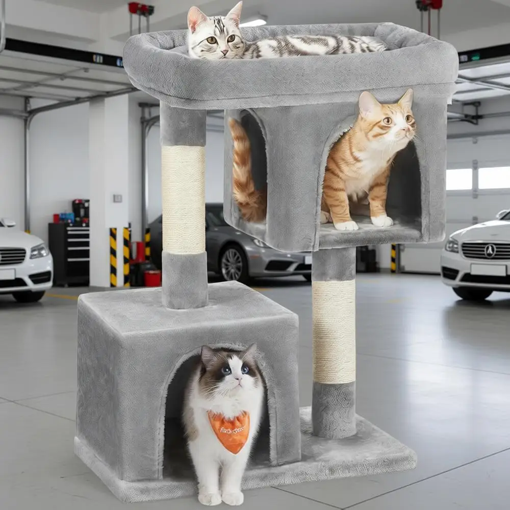 

Дерево для кошек 33,1 дюйма, плюшевый домик для крупных кошек весом до 7,2 кг, большая площадка для отдыха, 2 укрытия, стойка для когтей, светло-серый