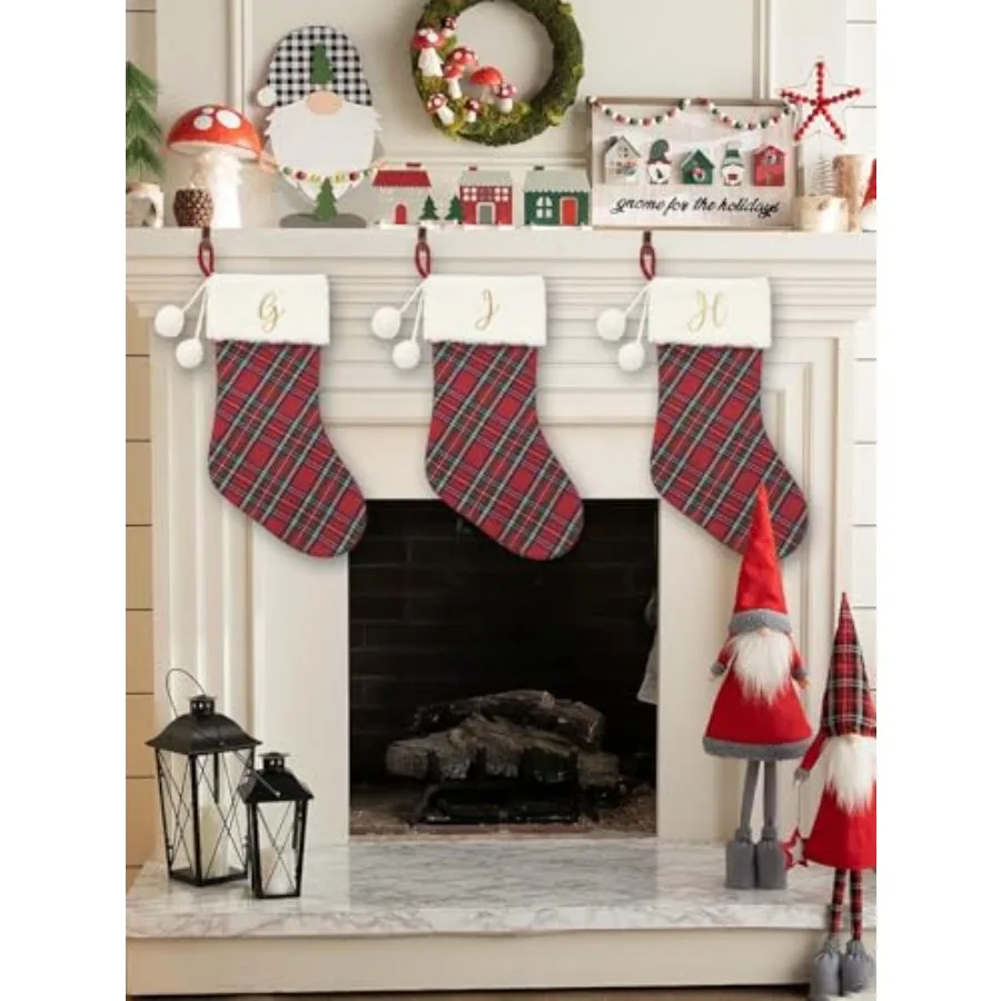 20" Classic Plaid Christmas Stockings Initial Monogram Embroidered Stockings with Pom Pom Ball for Christmas Fireplace Decor an - view 6