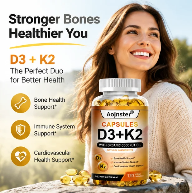 Vitamin D3 K2 Capsules with Organic Coconut Oil, Natural Supplement for Bone, Immune & Heart Support, 120 Vegan Capsules