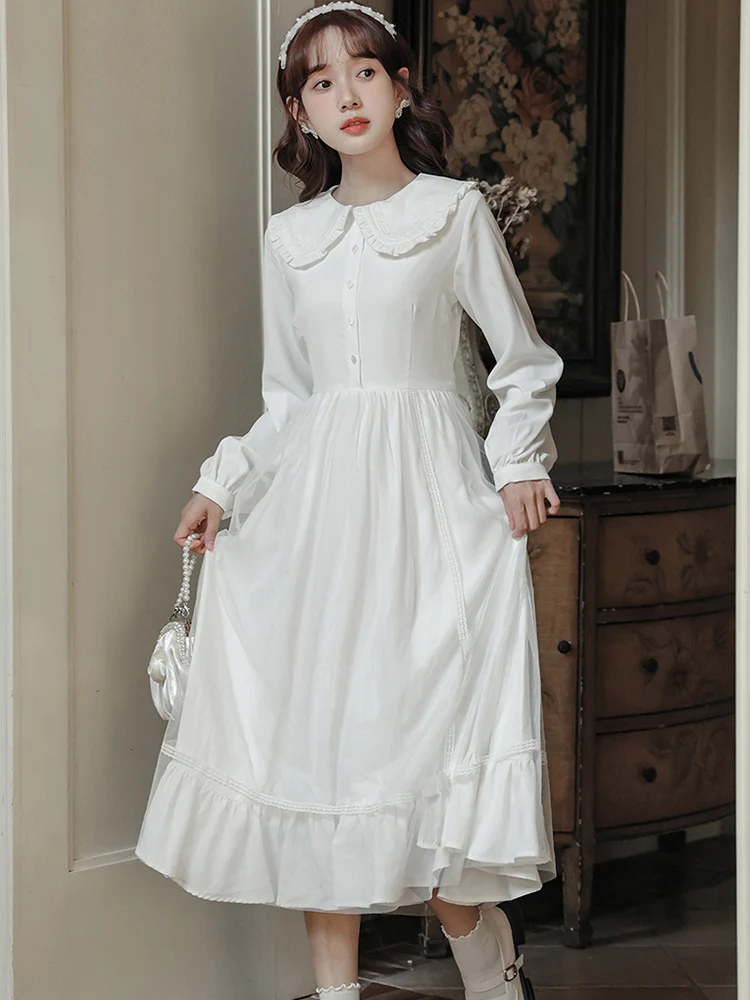 

Autumn White Long Sleeve Doll Collar Prom Clothes Women Elegant Luxury Mesh Ruffled Long Dress 2025 Korean Bodycon Evening Dress