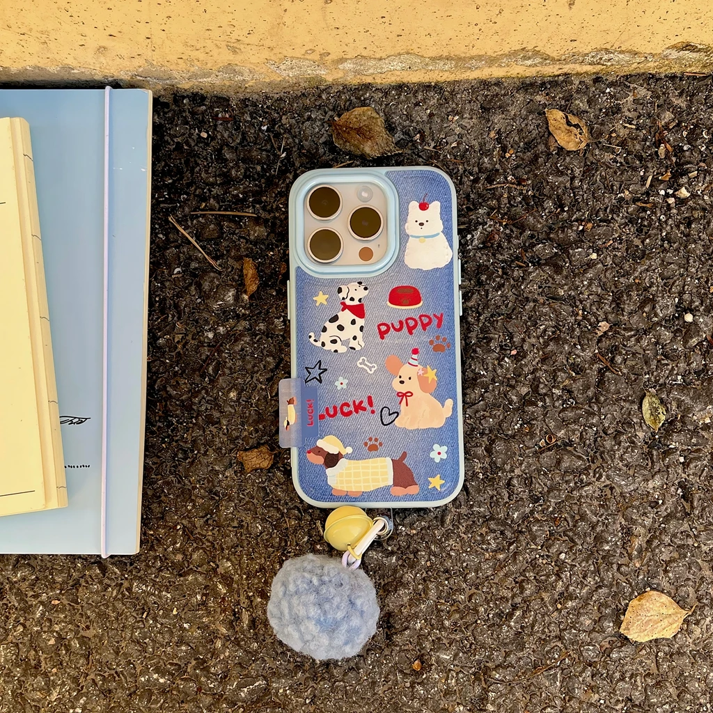 

Чехол для телефона с рисунком милого щенка серии «Любовь», цветок, джинсовая текстура, шарик для волос, маленький колокольчик для iPhone 17, 16, 15, 14 Pro Max