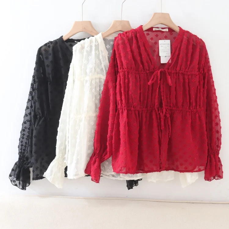 

Sweet Sle Long Sve Dstring Belt V-ne Women's Loose Fit irt Floral Print Polyester Fiber Thin pe Girl's irt