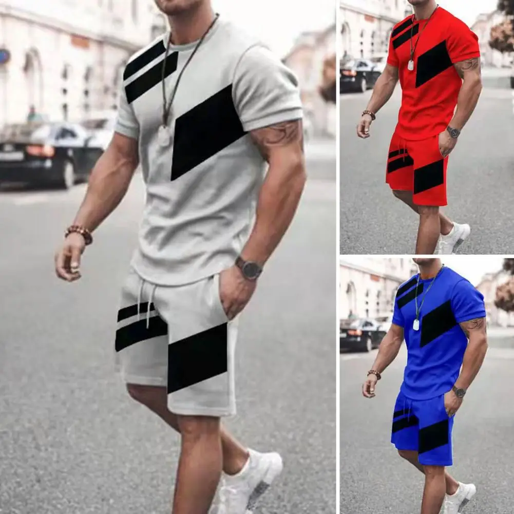 Men Sports Suit Men's Summer Sport Suit Set O-neck T-shirt with Drawstring Waist Shorts Color Block Striped 3d Print for Man