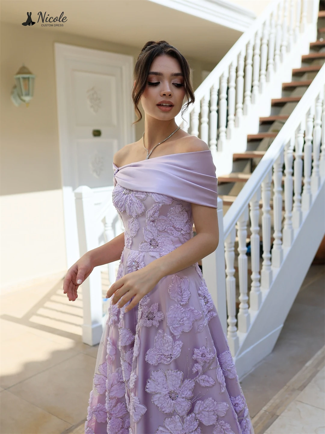 نيكول فساتين الحفلات المسائية الأنيقة الفاخرة 2025 فستان سهرة فاخر مصنوع حسب الطلب 2D التطريز الزهور خط كتف البطاقة #2