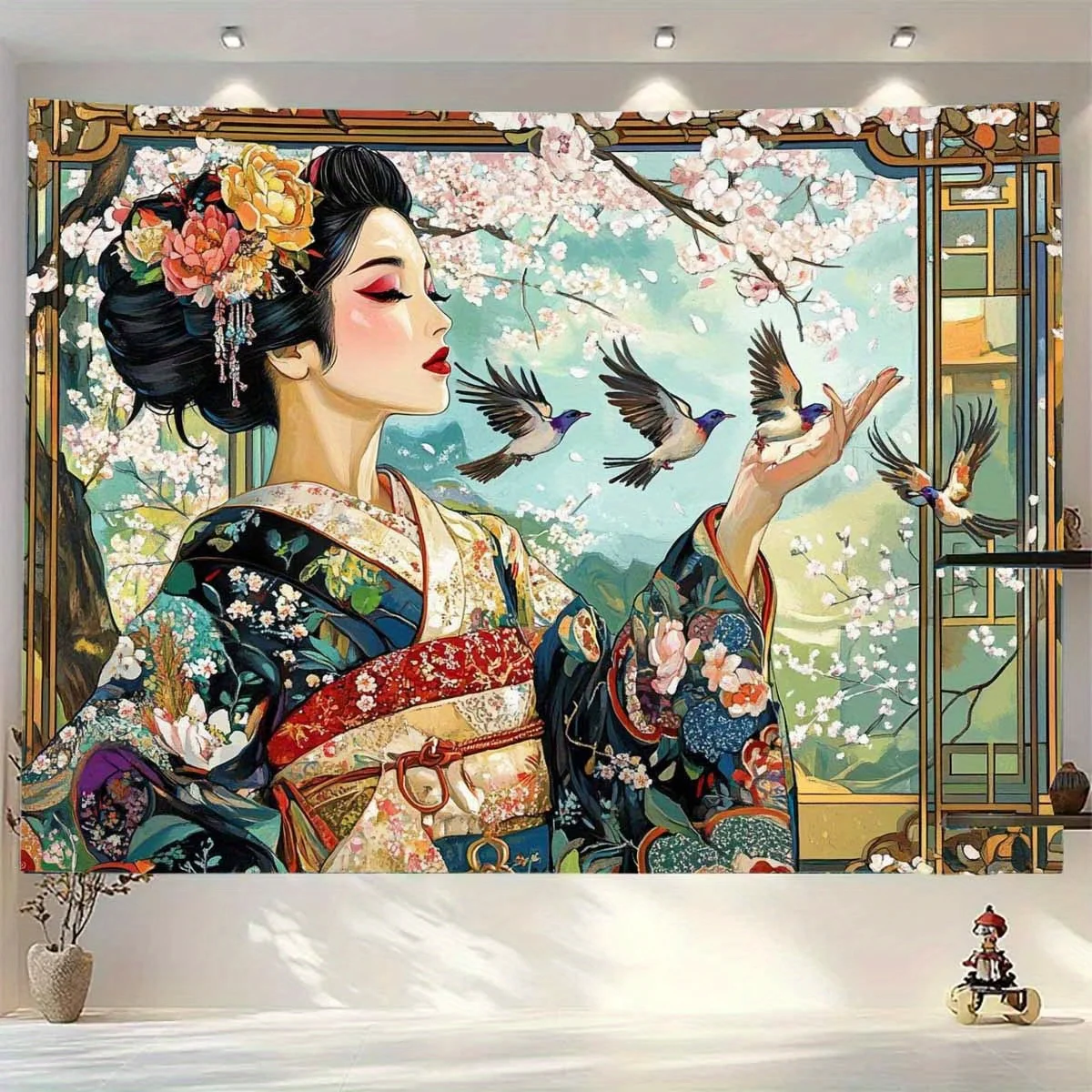 Japanese Geisha Tapestry, Cherry Blossom Wall Hanging, Kimono Girl Art Dorm Decor, Asian Aesthetic Bedroom Blanket for Women