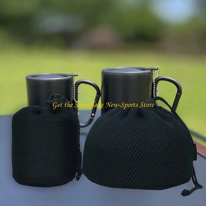 E56D Outdoor Camping Pots Storage Bag Black Nylon Mesh Bag Travel Stuff Sacks Drawstring Bag Cookware Storage