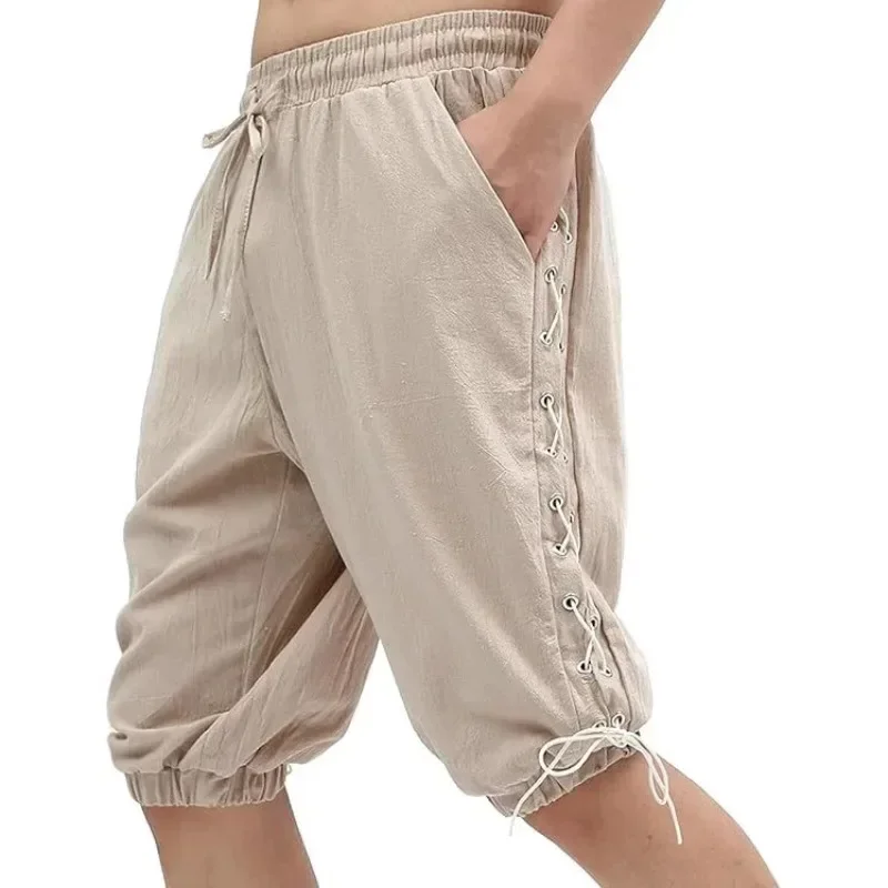 Short Pant Men Knee Length Pants Slim Fit Elastic Waist Lace Up Strap Sport Trousers Y2k Streetwear Stage Casual Summer 2026