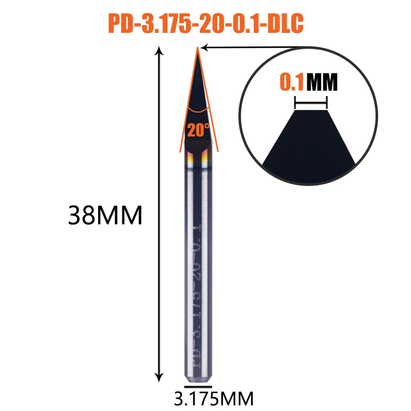 Dreanique 1 Stück Hartmetall-Leiterplatten-Gravurbit mit flachem Boden, 3,175 mm Schaft, DLC-beschichtet, 30 60 90 Grad, 0,1 0,2 0,3 mm Spitze, V-Nut-Bit-Werkzeug